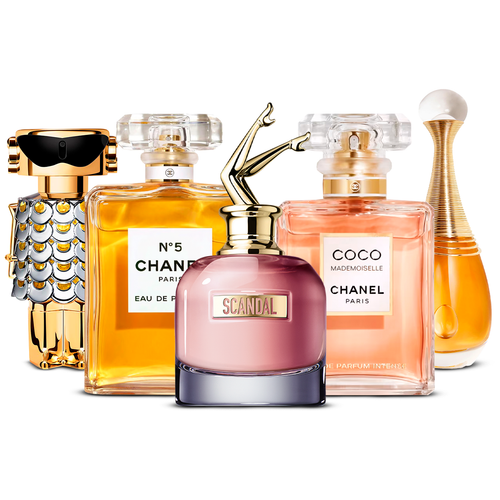 Combination of 5 women's perfumes – Fame, Chanel Nº5, Scandal, Coco Mademoiselle and J’adore [100 ml each]