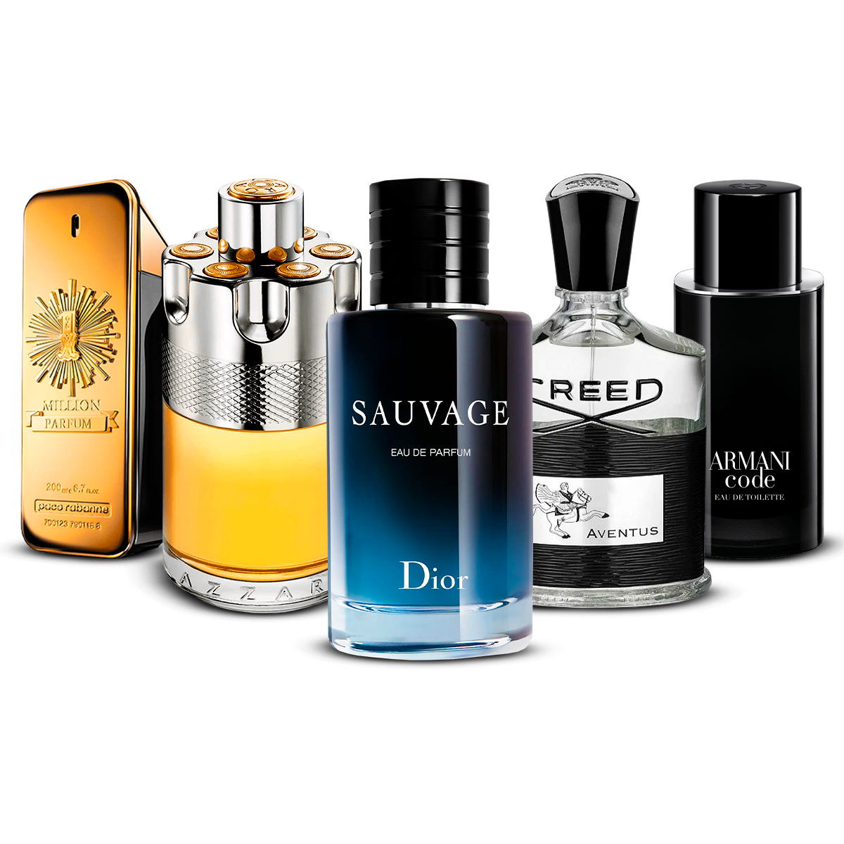 Combination of 5 men's perfumes – 1 Million, Azzaro Wanted, Sauvage, Creed Aventus and Armani Code [100 ml each]
